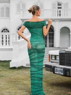 Dresses|Maxi Dresses*W Jia Eryx Off Shoulder Rhinestone Mesh Maxi Dress In Green