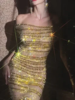 Embellishment|Dresses*Embellishment Eryx Off Shoulder Rhinestone Mesh Maxi Dress