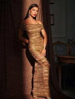 Embellishment|Dresses*Embellishment Eryx Off Shoulder Rhinestone Mesh Maxi Dress