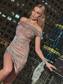 Embellishment|Dresses*Embellishment Eryx Off Shoulder Rhinestone Mesh Mini Dress In Silver
