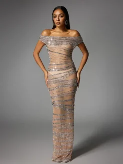 Dresses|Maxi Dresses*W Jia Eryx Off Shoulder Rhinestone Mesh Maxi Dress In Nude