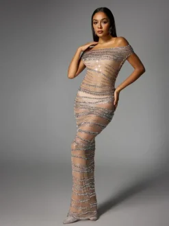 Dresses|Maxi Dresses*W Jia Eryx Off Shoulder Rhinestone Mesh Maxi Dress In Nude