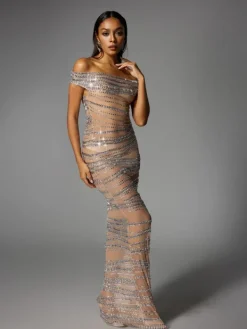Dresses|Maxi Dresses*W Jia Eryx Off Shoulder Rhinestone Mesh Maxi Dress In Nude