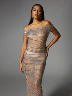Dresses|Maxi Dresses*W Jia Eryx Off Shoulder Rhinestone Mesh Maxi Dress In Nude