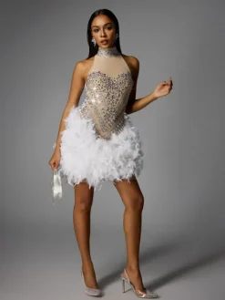 Embellishment|Dresses*Embellishment Eszra Halterneck Rhinestone Feather Sequin Mini Dress