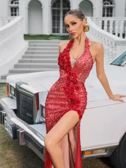 Embellishment|Dresses*Lu Yili Evorine Halterneck Embellished Flower Split Maxi Dress