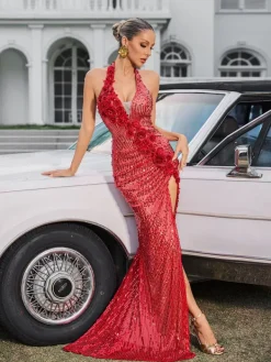 Embellishment|Dresses*Lu Yili Evorine Halterneck Embellished Flower Split Maxi Dress
