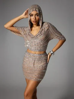 Sets & Co-ords|Embellishment*Embellishment Falkren Rhinestone Mesh Hooded Skirt Set