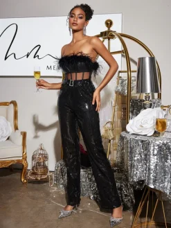 Jumpsuits & Romper*Mew Mews Fashion Faro Feather Sequin Jumpsuit