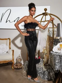 Jumpsuits & Romper*Mew Mews Fashion Faro Feather Sequin Jumpsuit