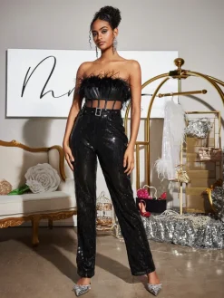 Jumpsuits & Romper*Mew Mews Fashion Faro Feather Sequin Jumpsuit