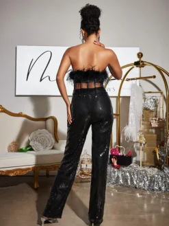 Jumpsuits & Romper*Mew Mews Fashion Faro Feather Sequin Jumpsuit