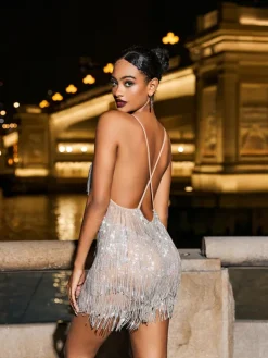 Embellishment|Dresses*Embellishment Fiadh Crystal Chain Fringe Mesh Mini Dress In Silver