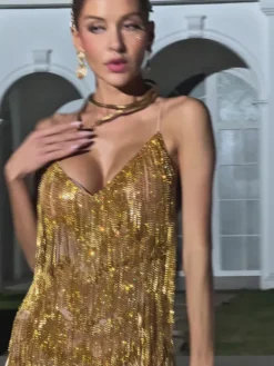 Embellishment|Dresses*Embellishment Fiadh Crystal Chain Fringe Mesh Mini Dress In Gold