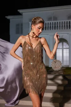 Embellishment|Dresses*Embellishment Fiadh Crystal Chain Fringe Mesh Mini Dress In Gold