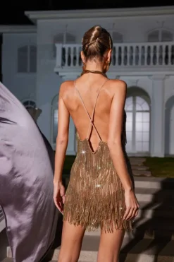 Embellishment|Dresses*Embellishment Fiadh Crystal Chain Fringe Mesh Mini Dress In Gold