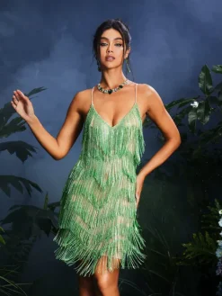 Embellishment|Dresses*Embellishment Fiadh Crystal Chain Fringe Mesh Mini Dress In Green