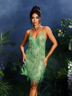 Embellishment|Dresses*Embellishment Fiadh Crystal Chain Fringe Mesh Mini Dress In Green