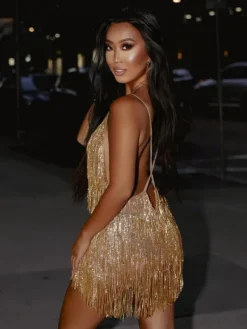 Embellishment|Dresses*Embellishment Fiadh Crystal Chain Fringe Mesh Mini Dress In Gold