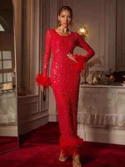 Dresses|Maxi Dresses*Mew Mews Fashion Gaines Rhinestone Feather Mesh Maxi Dress