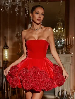 Dresses|Mini Dresses*Mew Mews Fashion Galatia Strapless Flower Velvet Mini Dress