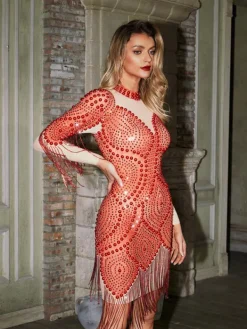 Embellishment|Dresses*Embellishment Garcia Rhinestone Fringe Mesh Dress