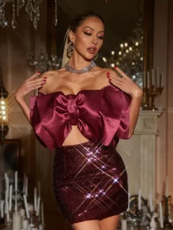 Sets & Co-ords*Mew Mews Fashion Gábri Off Shoulder Bow Sequin Skirt Set