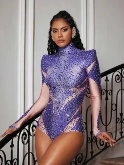 Bodysuits|Tops*Jiu Bajia O/S Genica Long Sleeve Rhinestone Bodysuit