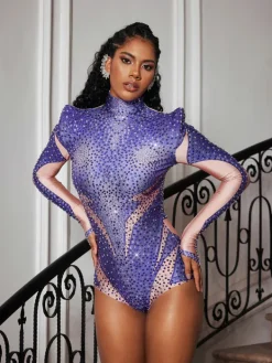Bodysuits|Tops*Jiu Bajia O/S Genica Long Sleeve Rhinestone Bodysuit