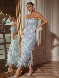 Dresses|Midi Dresses*Mew Mews Fashion Gerardi Strapless Sequin Fringe Midi Dress
