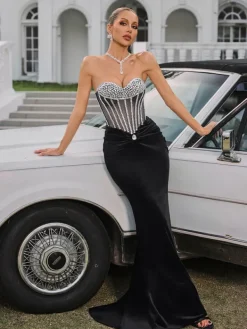 Embellishment|Dresses*Lu Yili Gerlind Strapless Rhinestone Velvet Maxi Dress