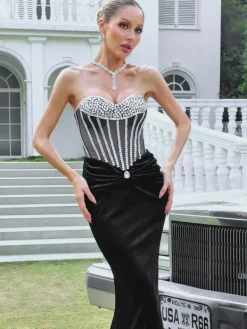 Embellishment|Dresses*Lu Yili Gerlind Strapless Rhinestone Velvet Maxi Dress