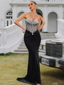 Embellishment|Dresses*Lu Yili Gerlind Strapless Rhinestone Velvet Maxi Dress