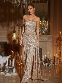 Embellishment|Dresses*Lu Yili Glein Strapless Ruched Sequin Maxi Dress