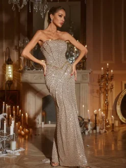 Embellishment|Dresses*Lu Yili Glein Strapless Ruched Sequin Maxi Dress