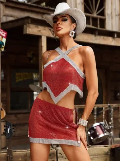 Sets & Co-ords*Mew Mews Fashion Glenn Crystal Chainmail Skirt Set In Red