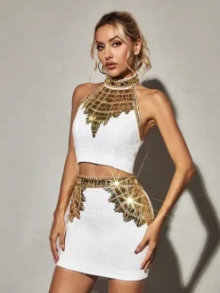 Tops*Mew Mews Fashion Glennette Halterneck Sequin Beaded Top