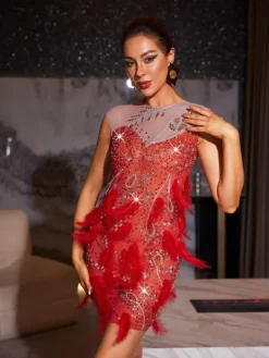 Embellishment|Dresses*Embellishment Goku Rhinestone Feather Mini Dress