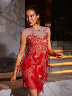 Embellishment|Dresses*Embellishment Goku Rhinestone Feather Mini Dress