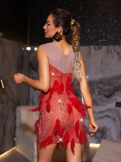Embellishment|Dresses*Embellishment Goku Rhinestone Feather Mini Dress