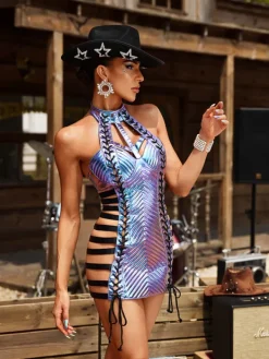 Dresses|Mini Dresses*Mew Mews Fashion Gracyn Halterneck Lace Up Leather Mini Dress In Blue