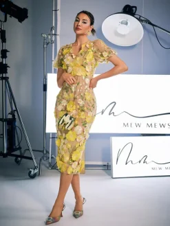 Dresses|Midi Dresses*Mew Mews Fashion Grayson Flower Embroidered Midi Dress In Yellow