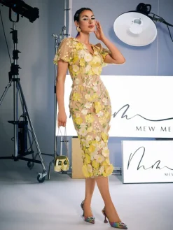 Dresses|Midi Dresses*Mew Mews Fashion Grayson Flower Embroidered Midi Dress In Yellow