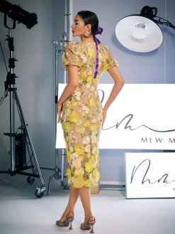 Dresses|Midi Dresses*Mew Mews Fashion Grayson Flower Embroidered Midi Dress In Yellow