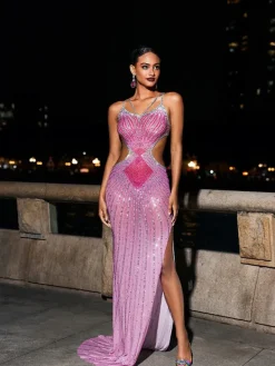 Embellishment|Dresses*Embellishment Grey Crystal Cutout Maxi Dress In Hot Pink
