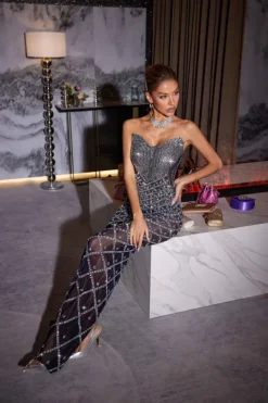 Embellishment|Dresses*Embellishment Gunnar Strapless Rhinestone Mesh Maxi Dress