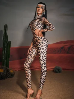 Jumpsuits & Romper|Embellishment*Embellishment Gunner Cutout Leopard Rhinestone Jumpsuit