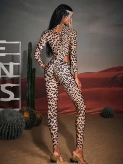 Jumpsuits & Romper|Embellishment*Embellishment Gunner Cutout Leopard Rhinestone Jumpsuit