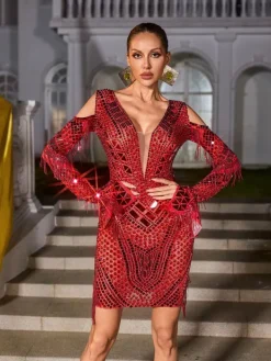 Embellishment|Dresses*Embellishment Gwyndara Rhinestone Fringe Acrylic Mini Dress