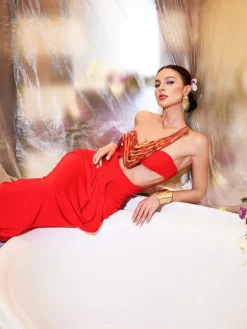 Armor Tops|Dresses*Mew Mews Fashion Hailey Strapless Cutout Draped Maxi Dress In Red